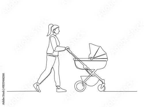 Continuous Line Drawing of Mother Pushing Baby Stroller in Park