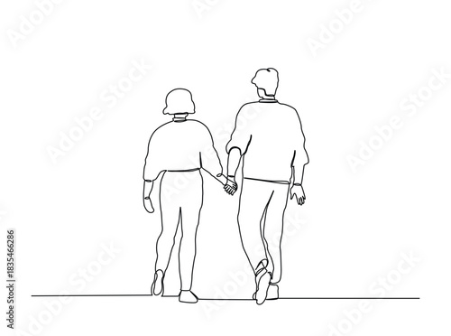 Continuous Line Drawing of Young Couple Walking Away Holding Hands
