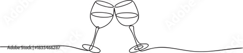 Single continuous line drawing of two wine glasses clinking gently in a smooth and elegant minimalist composition, vector illustration