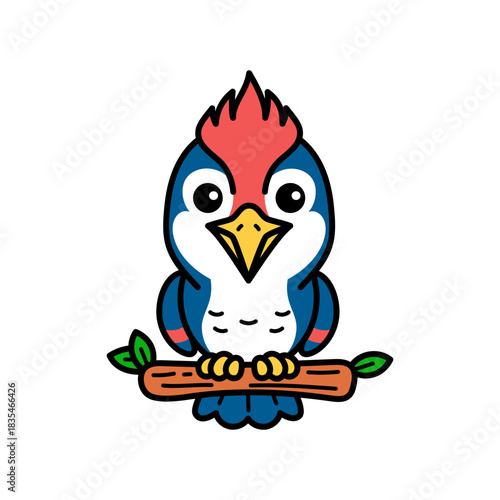 Cartoon Illustration of a Woodpecker Bird Perching on a Tree