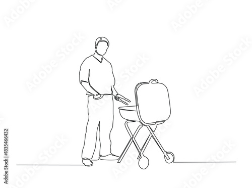 Continuous Line Drawing of man cooking food on bbq grill.