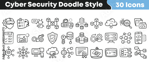 Cyber security doodle icon set with hand-drawn symbols for data protection, encryption, malware, cloud safety and network defence