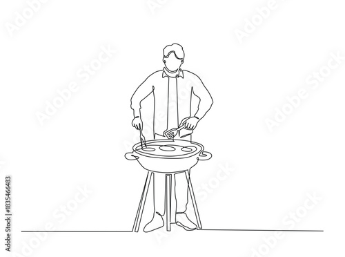 Continuous Line Drawing of man cooking food on bbq grill.