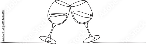 Single continuous line drawing of two wine glasses clinking gently in a smooth and elegant minimalist composition, vector illustration