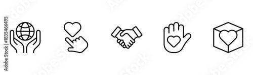 Heart, love, care, help, charity, and donation outline icons are set isolated on a white background in a flat vector illustration.