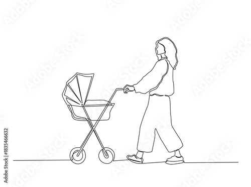 Continuous Line Drawing of Mother Pushing Baby Stroller in Park