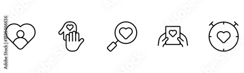 Heart, love, care, help, charity, and donation outline icons are set isolated on a white background in a flat vector illustration.