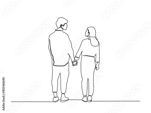 Continuous Line Drawing of Young Couple Walking Away Holding Hands