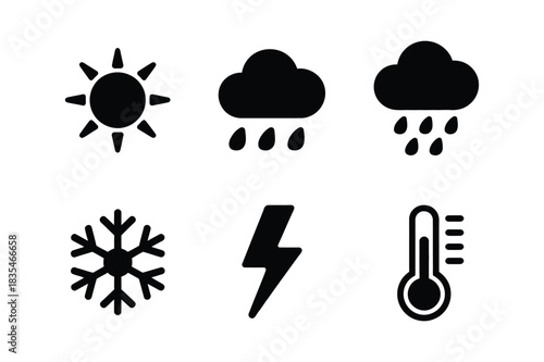 Collection of weather icons representing sun rain snow lightning and temperature