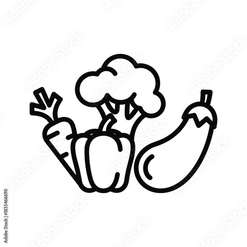 Various raw vegetables including carrot broccoli bell pepper and eggplant isolated on white background