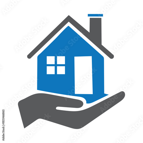 Secure home protection icon featuring a house resting on a protective hand, symbolizing safety, trust, and premium service. insurance companies, property management, real estate agencies, home care se