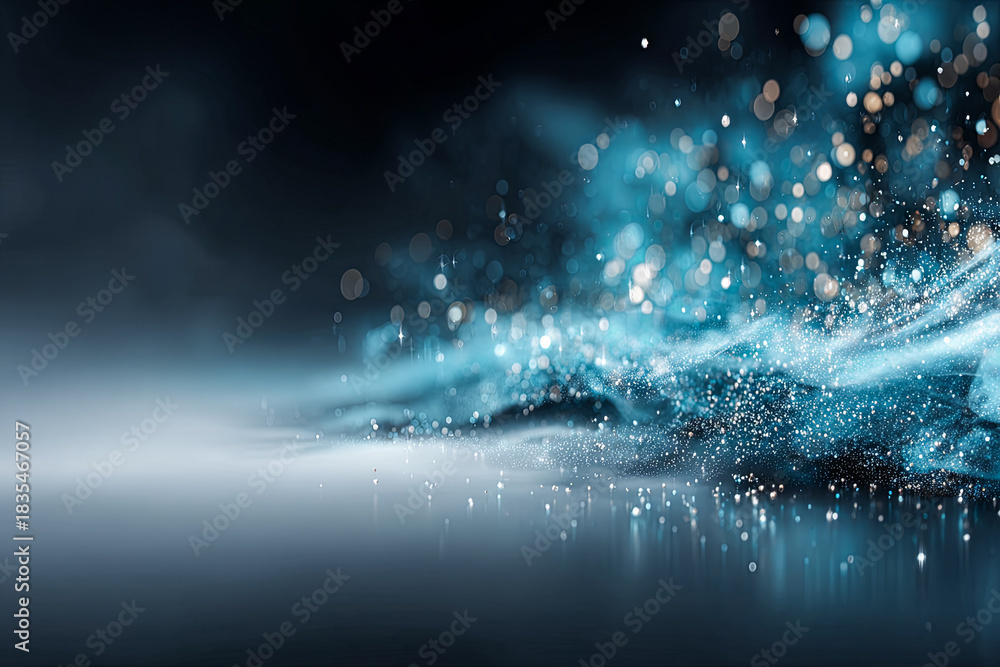 Fototapeta premium Abstract blue and gold particles swirling in a misty atmosphere with copy space for design