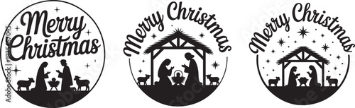 Nativity scene with merry christmas greetings in circle holiday greeting card silhouette style concept
