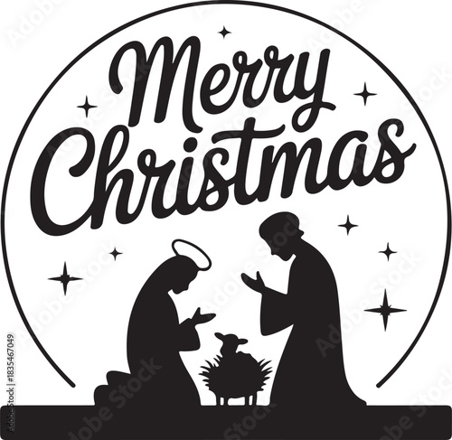 Nativity with mary and joseph praying over baby jesus christ in manger holiday greeting season theme