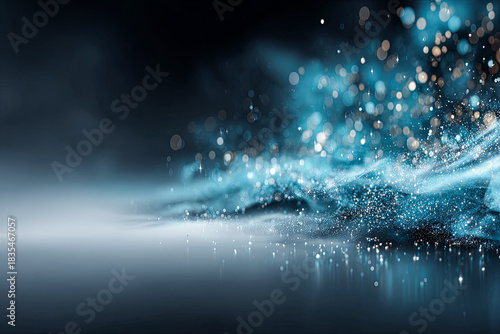 Abstract blue and gold particles swirling in a misty atmosphere with copy space for design