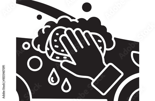 Dynamic icon representing a hand vigorously scrubbing a surface with a soapy sponge during a thorough cleaning service or car wash process