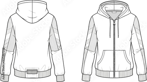 Unisex zipped hooded sweatshirt technical fashion flat template, detailed raglan sleeves, pockets, ribbed cuffs, design apparel clothing blank vector sketch.