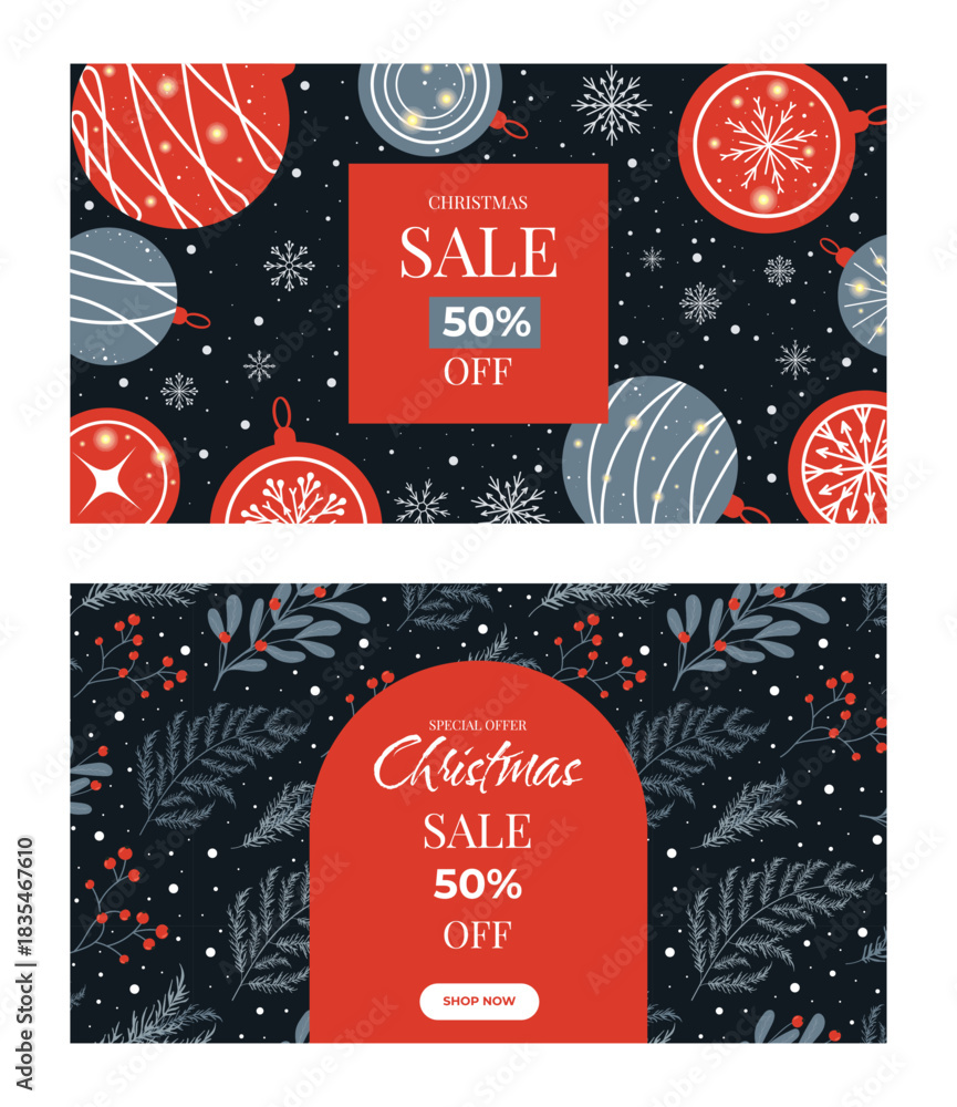 Naklejka premium Winter Banners For Christmas Promotions. Abstract Vector design of Christmas balls, coniferous branches for postcards, posters, web pages