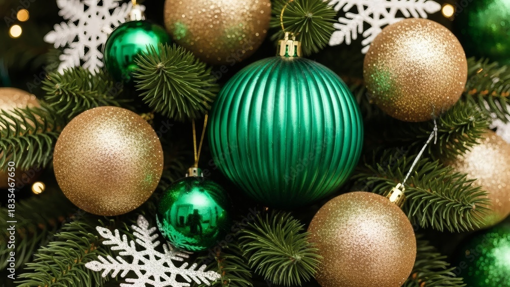 Fototapeta premium Festive Christmas ornaments green gold baubles on fir tree branches with snowflakes.