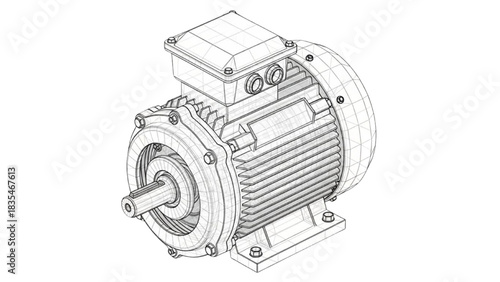 Industrial electric motor isometric view, technical mechanical engineering illustration