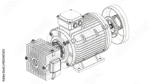 3D Technical Illustration of Industrial Electric Motor with Attached Gear Pump in Mechanical Engineering Design