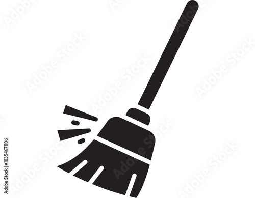 Simple black and white icon depicting a broom actively sweeping debris for cleaning and maintenance tasks