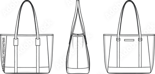 Women's classic leather structured shopper tote bag technical fashion flat template, detailed long straps, wide base, accessories vector sketch.