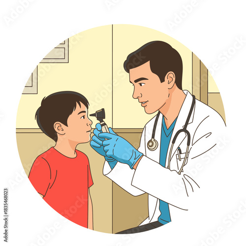 A pediatrician wearing blue gloves is examining a young boy's ear with an otoscope in a doctor's office, ensuring his well-being and health.