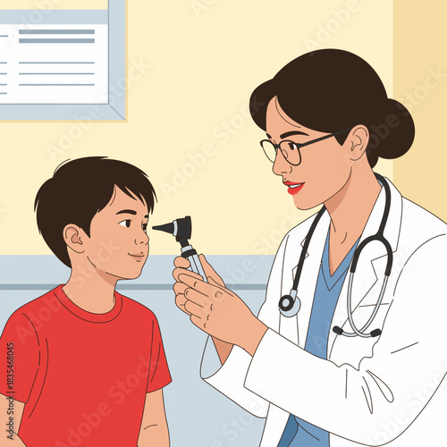 A female doctor wearing a white coat and stethoscope examines a young boy's ear with an otoscope during a checkup in a medical office setting.