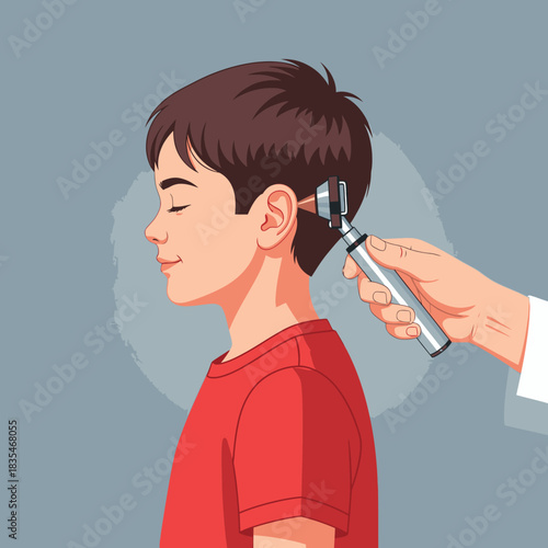 A doctor is examining a young boy's ear with an otoscope, ensuring his hearing health and overall well-being through a routine checkup and preventative care.