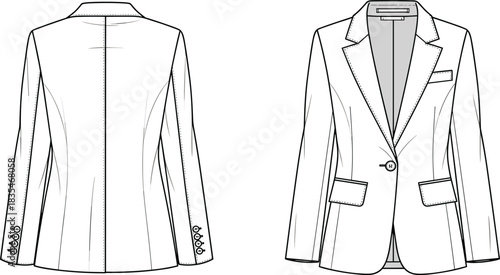 Women's single-breasted tailored office blazer jacket technical fashion flat template, detailed pockets, four buttons, professional clothing vector sketch.