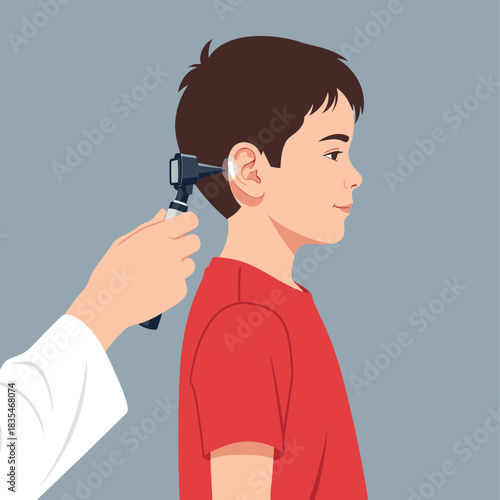 A doctor examines a young boy's ear with an otoscope in a medical setting, ensuring proper hearing and health for the child in a checkup scenario.