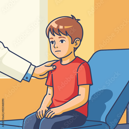 A concerned young boy sits with a doctor, receiving a comforting hand on his shoulder in a medical examination room, expressing care.