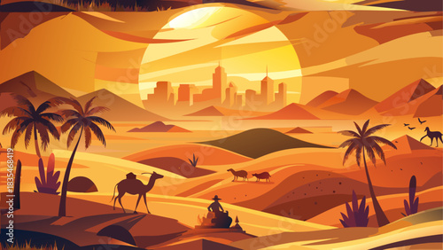 Desert oasis cityscape with camels and palm trees at sunset