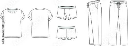 Men's and women's sleepwear technical fashion flat template, detailed pyjama t-shirt, lounge pants, underwear, design apparel clothing blank vector sketch.