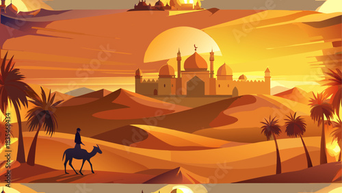 Desert caravan approaches ancient mosque under a golden sunset
