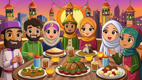 Happy muslim family enjoying a festive meal together