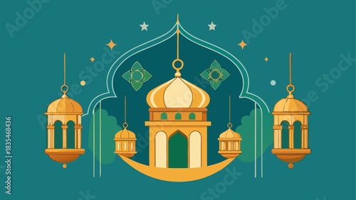 Islamic mosque and lanterns with crescent moon and stars