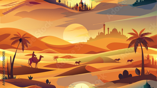 Desert caravan journey through sand dunes at sunset with distant cities