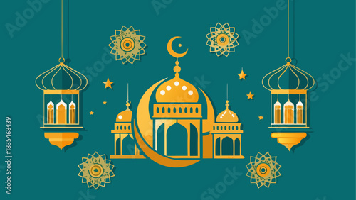 Golden islamic mosque and lanterns with crescent moon and stars