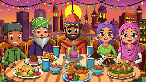 Happy muslim family enjoying a festive meal together at dusk