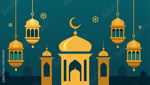 Islamic mosque and lanterns with crescent moon decoration
