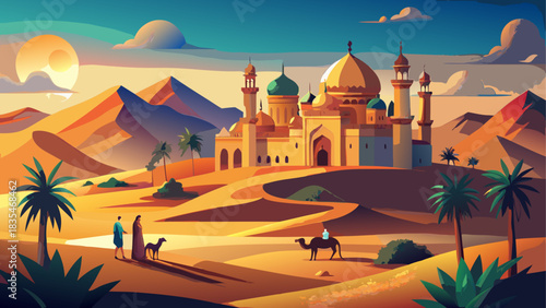 Desert oasis with mosque and travelers at sunset
