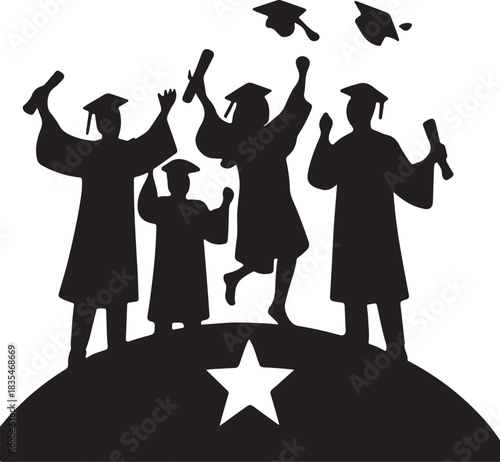 Silhouette set of graduating students in gowns and caps celebrating their academic achievement, isolated on a symbol of success and new beginnings