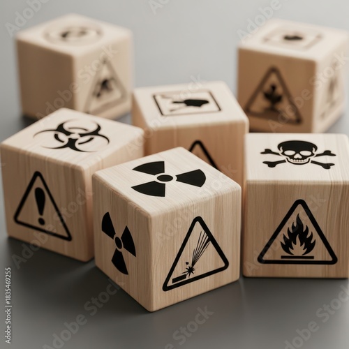Hazardous Material Warning Signs on Wooden Toy Blocks