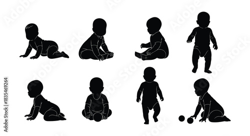 Silhouette illustrations depicting different stages of infant development and growth