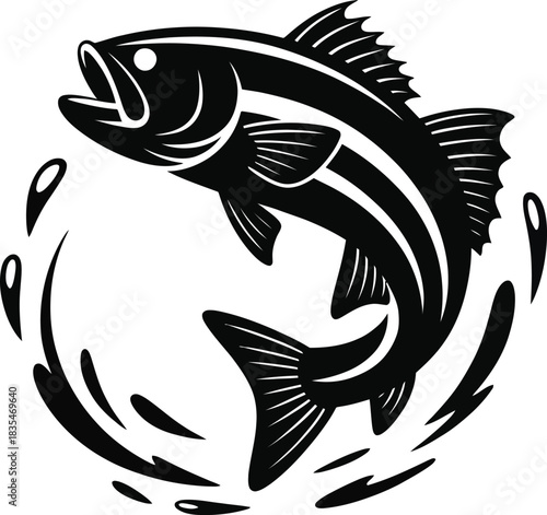 Big striped bass fish silhouette with water splash