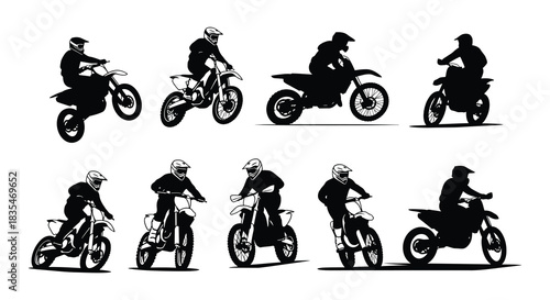 Silhouette collection of motocross riders and dirt bikes in dynamic poses
