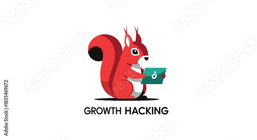 Red squirrel holding a tablet