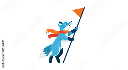 Stylized blue fox in a scarf holding an orange flag